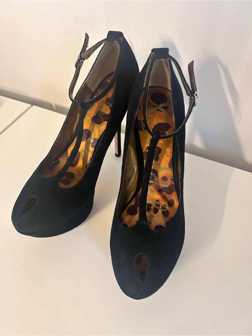 Sam Edelman Black Suede T-Strap Peep-Toe Heels
